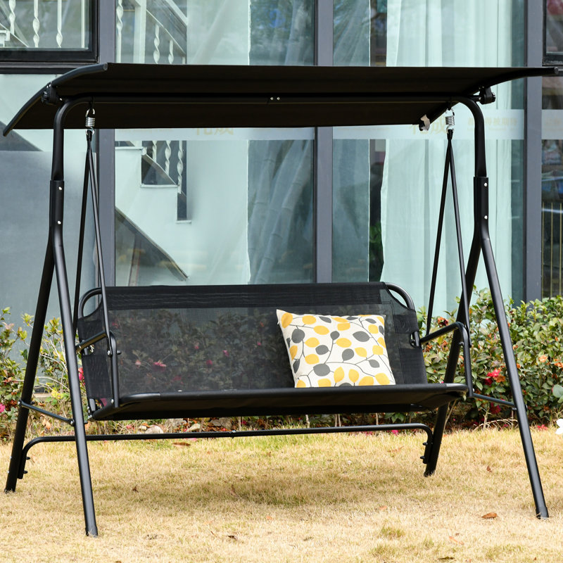 Arlmont Co. Outsunny Patio Swing Chair With Adjustable Tilt Canopy 2 seater Loveseat Bench Armrests A frame Steel Breathable Mesh Black For Backyard And Garden Wayfair